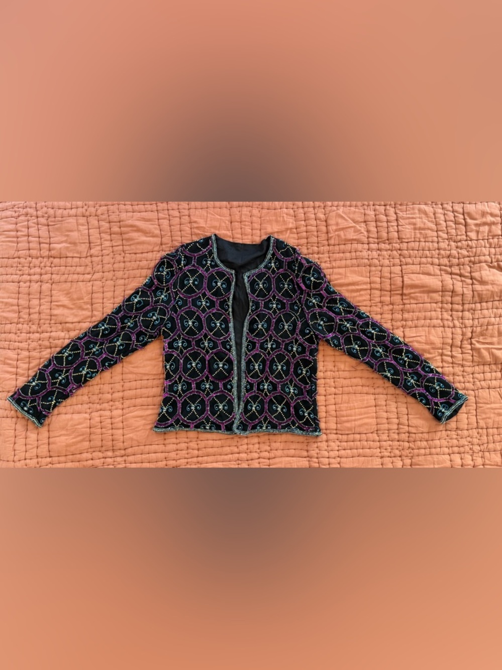 Beaded Black Crewneck Cardigan with Multicolor Embroidery